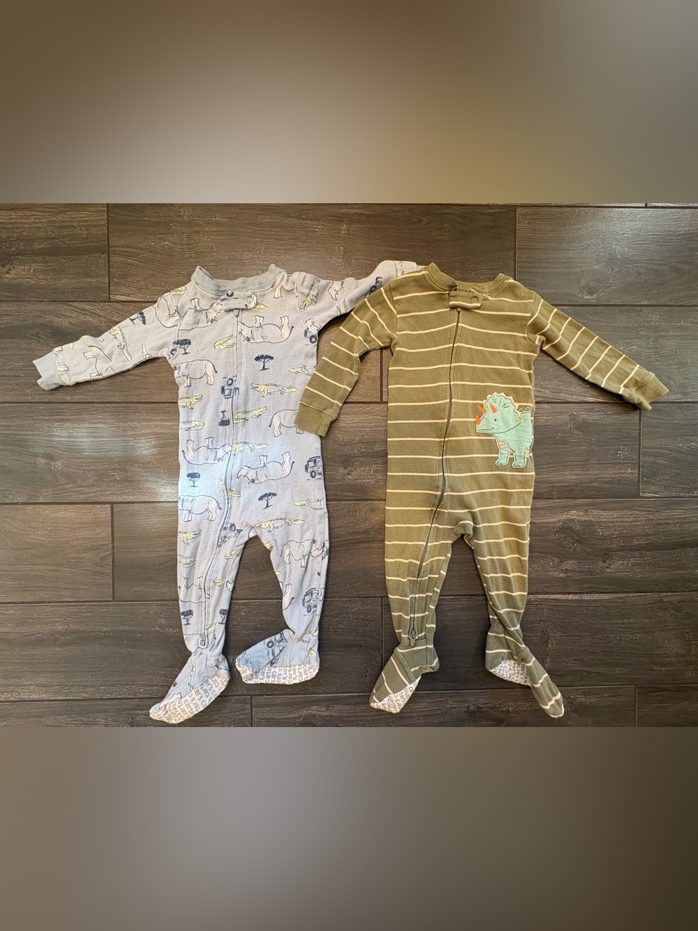 Carter's Olive Green Striped Footed One-Piece with Dino Applique